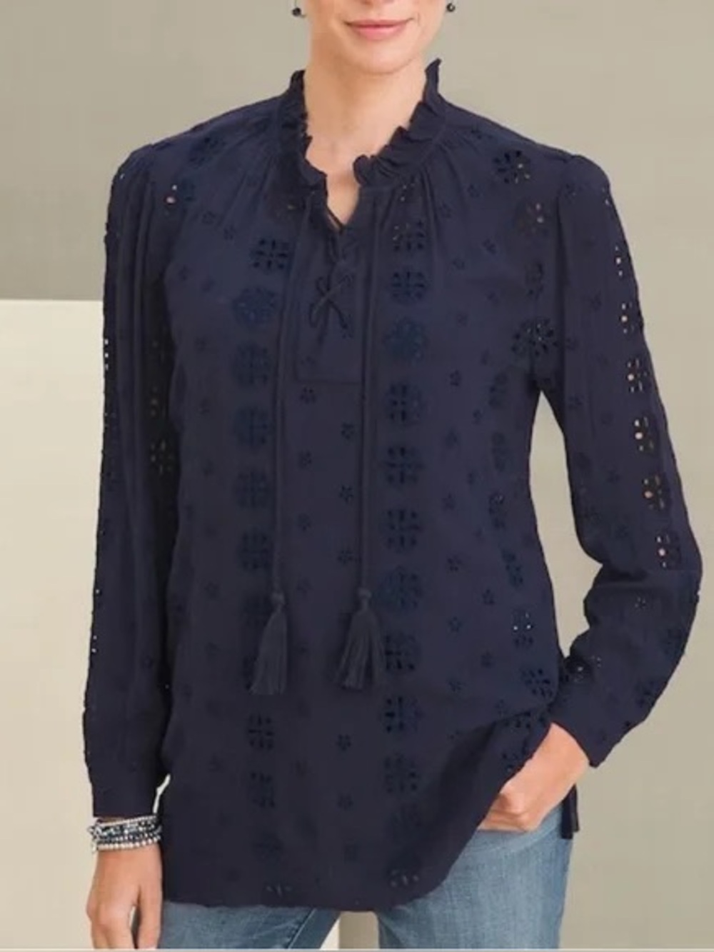 Chicos Navy Embroidered Novelty Blouse Eyelet Top